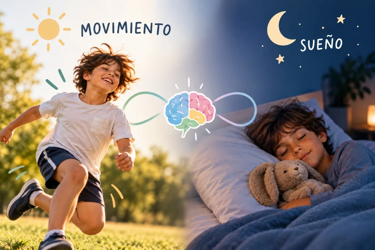 Un niño se mueve al aire libre y después duerme; una ilustración conecta movimiento, cerebro y sueño