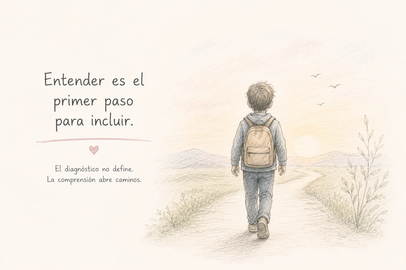 Un niño con mochila camina por un sendero hacia el amanecer. Texto: Entender es el primer paso para incluir. El diagnóstico no define, la comprensión abre caminos