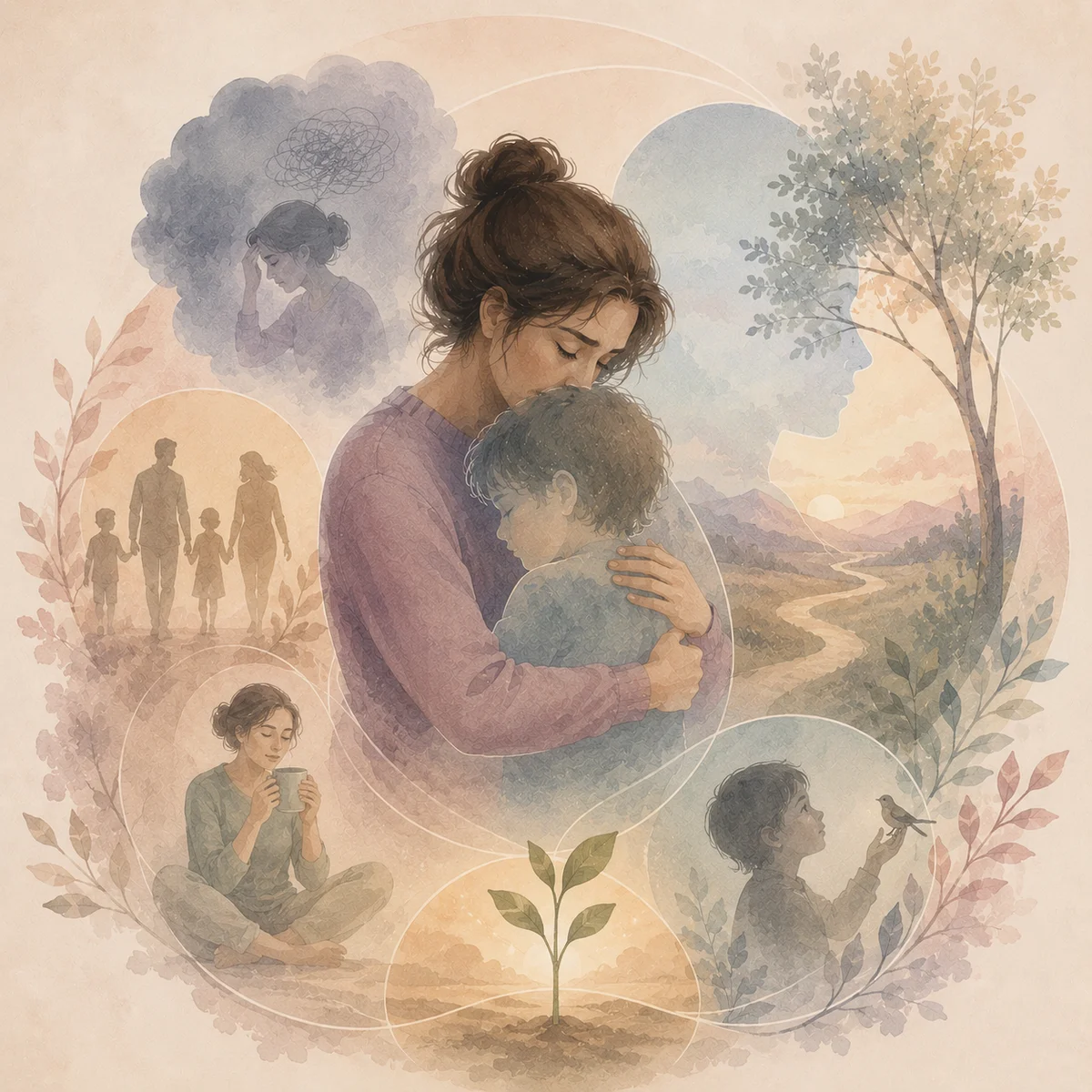 Ilustración con acuarela sobre un fondo cálido que representa a una madre abrazando a su hijo, rodeada de escenas simbólicas: una familia caminando juntos, una mujer meditando, una planta brotando, un niño con un pájaro y un paisaje de camino hacia el atardecer