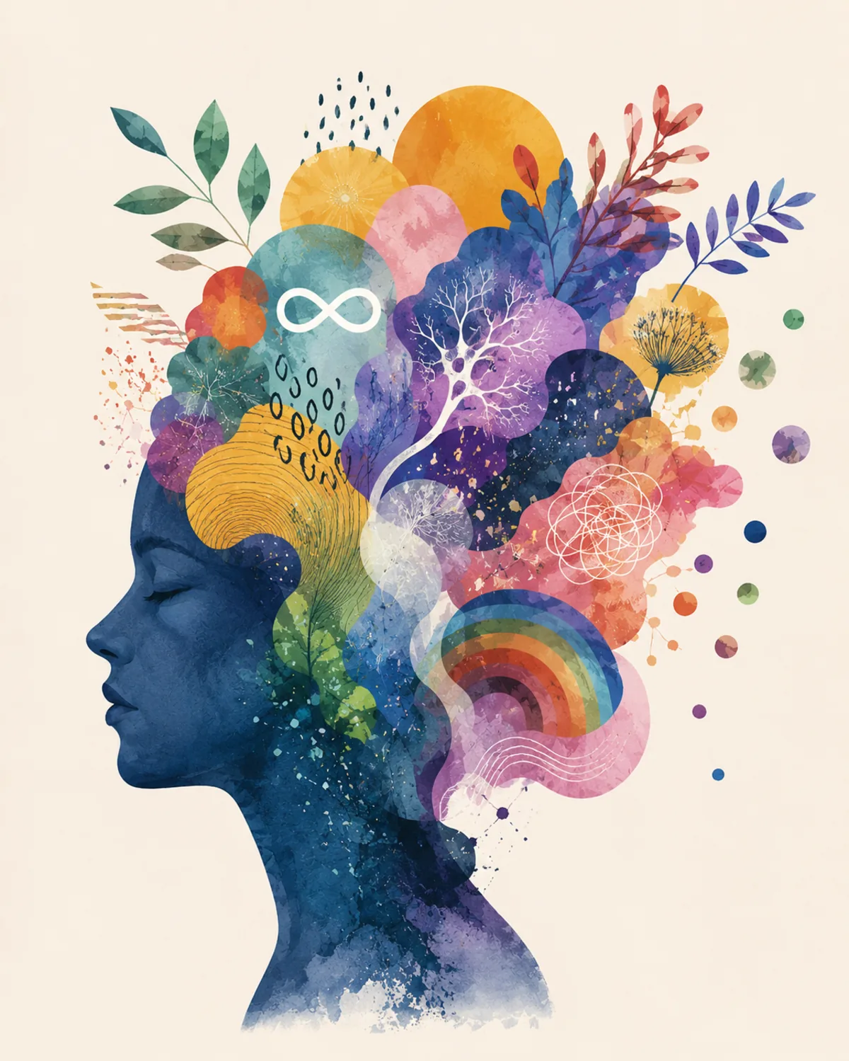Ilustración acuarela de un perfil humano con flores, hojas, un arcoíris y el símbolo del infinito surgiendo de la mente, representando la neurodiversidad