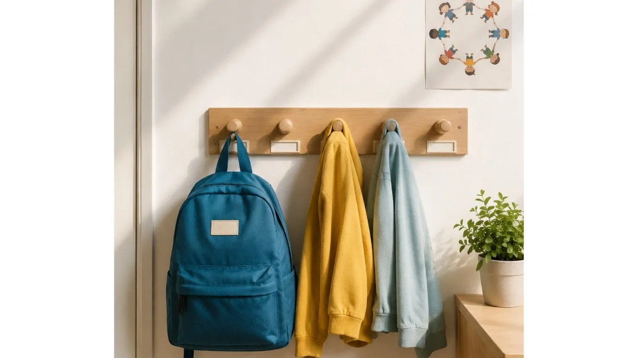 Mochila escolar y chaquetas colgadas en un perchero de la pared