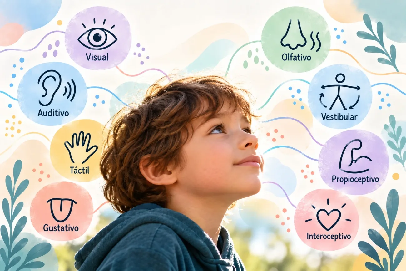 Infografía sobre los ocho sistemas sensoriales en el autismo: visual, auditivo, táctil, gustativo, olfativo, vestibular, propioceptivo e interoceptivo.