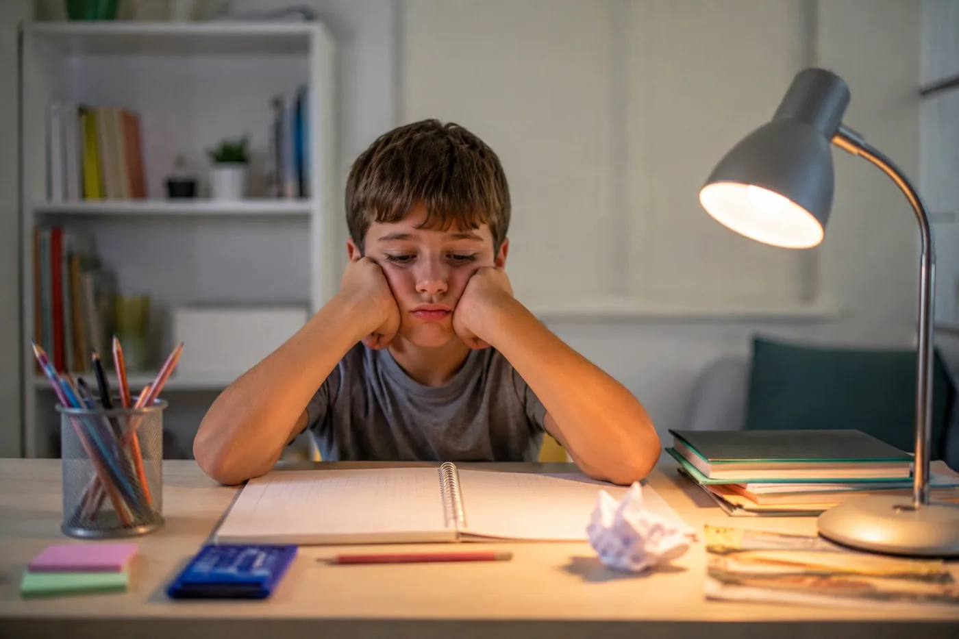 Un niño sentado frente a un escritorio con un cuaderno abierto, luciendo frustrado y apoyando la cabeza en sus manos