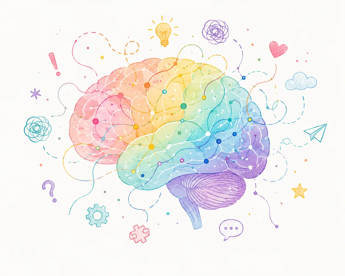 Ilustración acuarela de un cerebro en colores del arcoíris rodeado de símbolos de ideas, emociones y pensamientos