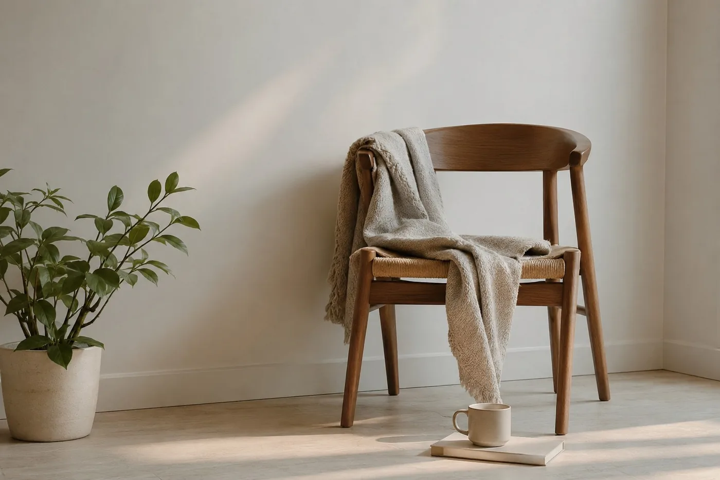 Una silla de madera con una manta encima, una planta en maceta a la izquierda y una taza sobre un libro en el suelo