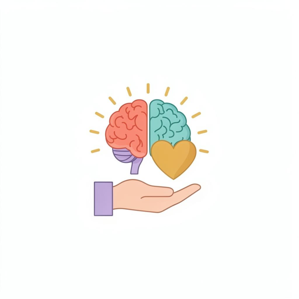 Mano sosteniendo un cerebro y un corazón con rayos de luz