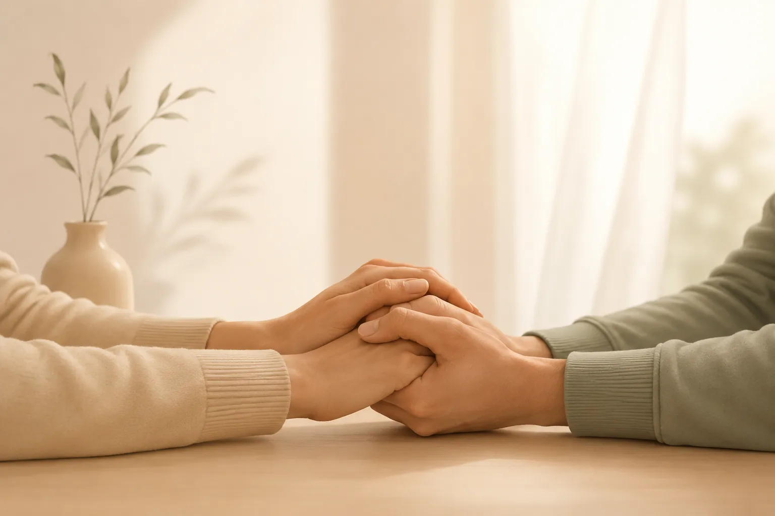 Dos personas sentadas a una mesa, tomadas de las manos con ternura