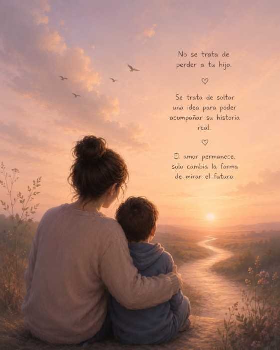 Una madre y su hijo sentados en una colina mirando el atardecer, con un mensaje sobre el amor que permanece