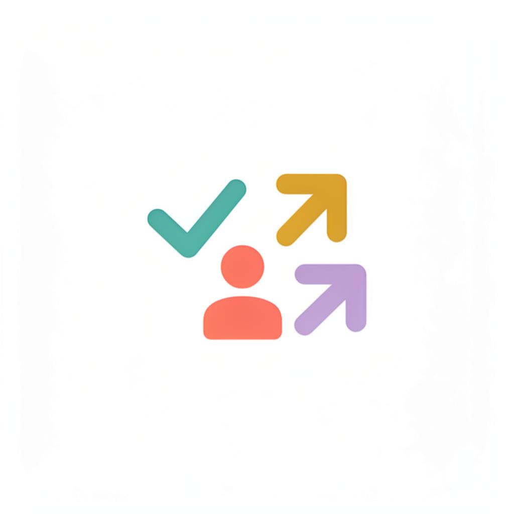 Icono con símbolos visuales: checkmarks, personas y flechas